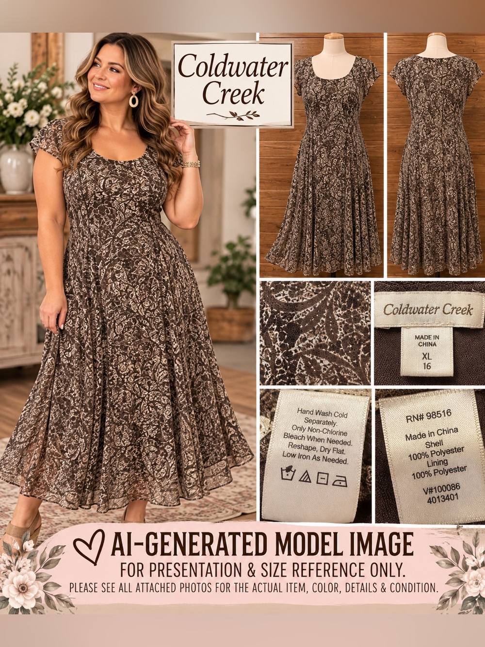 Coldwater Creek Brown Paisley Mesh Midi Dress Lined